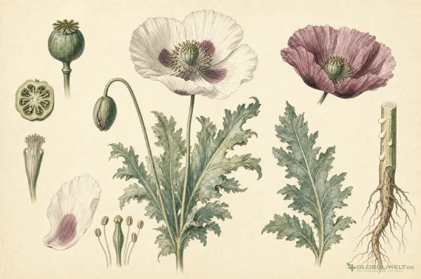Botanische Illustration von Opium (Schlafmohn) (Schlafmohn) – Ausgangssubstanz der homöopathischen Globuli