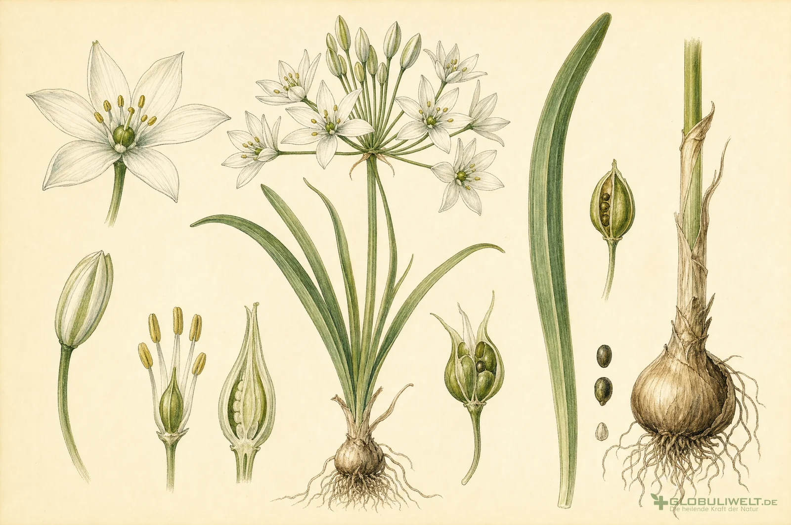Botanische Illustration von Ornithogalum Umbellatum (Doldiger Milchstern) (Doldiger Milchstern) – Ausgangssubstanz der homöopathischen Globuli