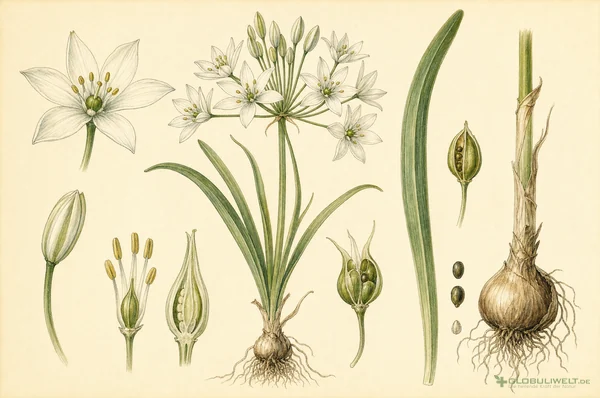 Botanische Illustration von Ornithogalum Umbellatum (Doldiger Milchstern) (Doldiger Milchstern) – Ausgangssubstanz der homöopathischen Globuli