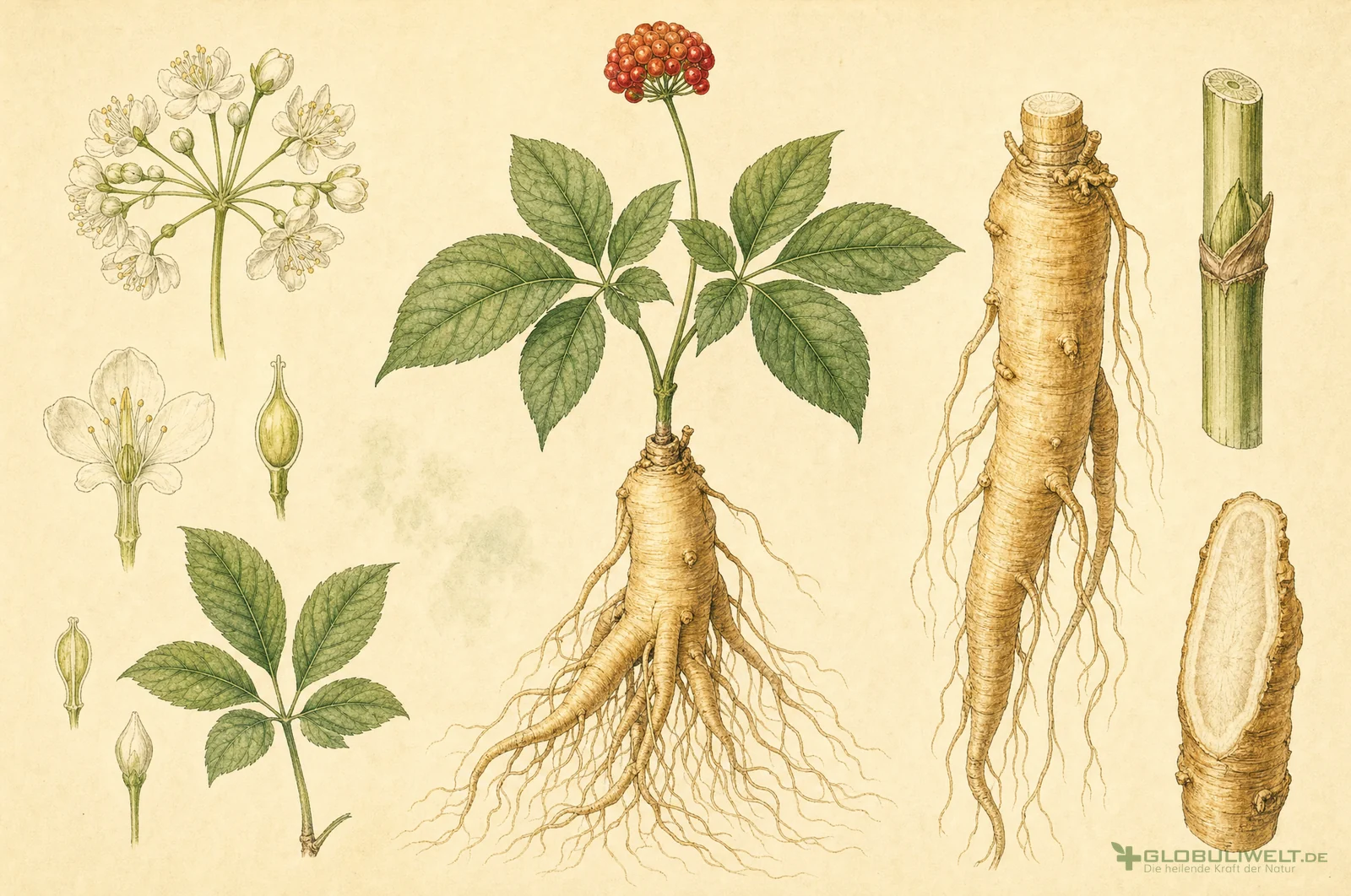 Botanische Illustration von Panax ginseng (Ginseng) – Ausgangssubstanz der homöopathischen Globuli