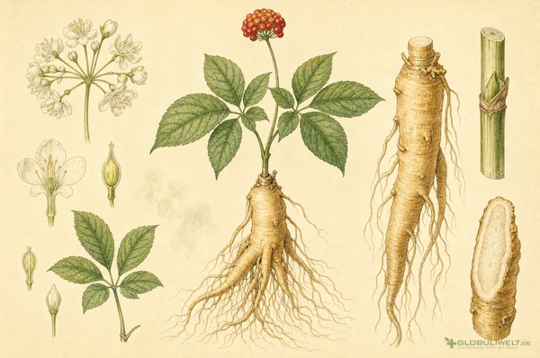 Botanische Illustration von Panax ginseng (Ginseng) – Ausgangssubstanz der homöopathischen Globuli
