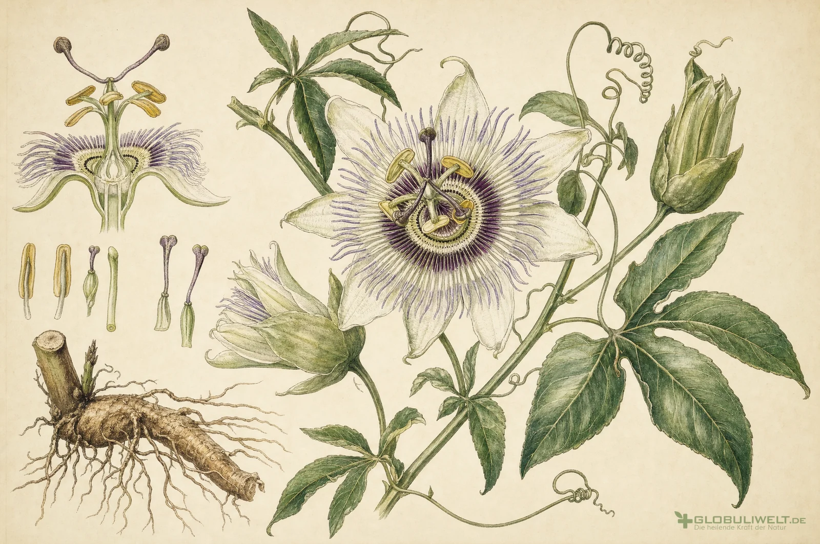 Botanische Illustration von Passiflora incarnata (Passionsblume) – Ausgangssubstanz der homöopathischen Globuli