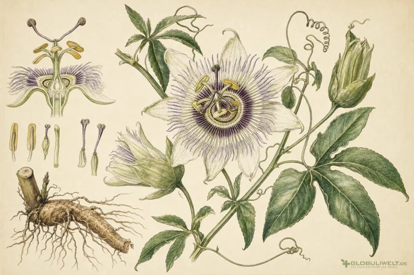 Botanische Illustration von Passiflora incarnata (Passionsblume) – Ausgangssubstanz der homöopathischen Globuli