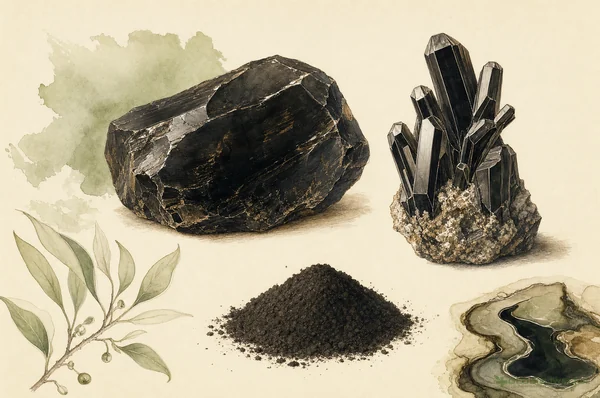 Mineralogische Illustration von Petroleum (Steinöl) – Ausgangssubstanz der homöopathischen Globuli