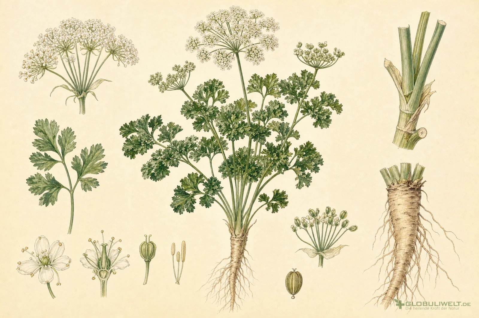 Botanische Illustration von Petroselinum crispum (Petersilie) – Ausgangssubstanz der homöopathischen Globuli