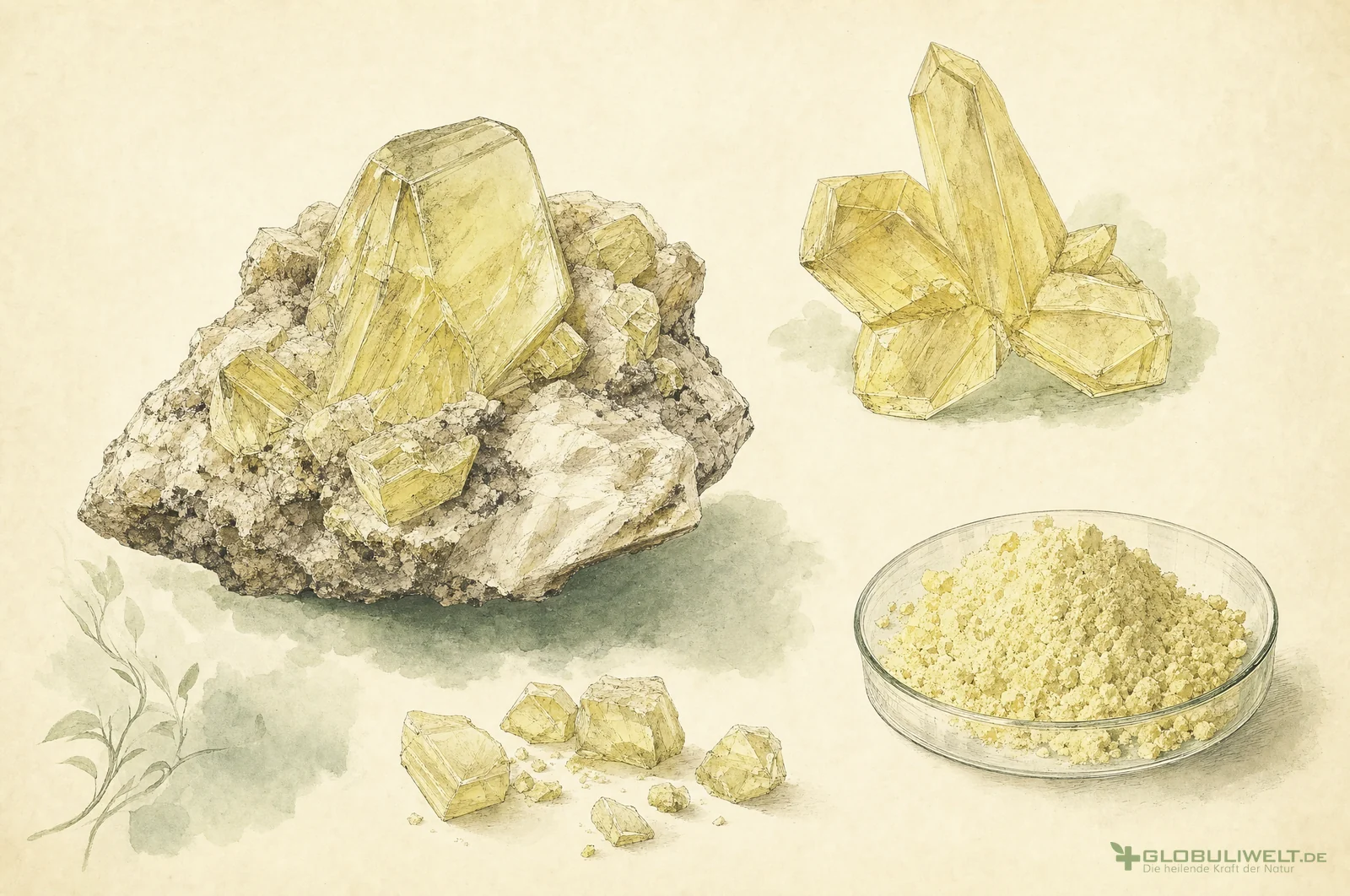 Mineralogische Illustration von Phosphorus (Gelber Phosphor) – Ausgangssubstanz der homöopathischen Globuli