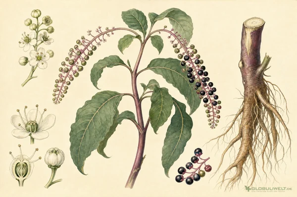 Botanische Illustration von Phytolacca decandra (Kermesbeere) – Ausgangssubstanz der homöopathischen Globuli