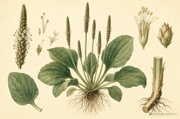 Botanische Illustration von Plantago major (Breitwegerich) – Ausgangssubstanz der homöopathischen Globuli