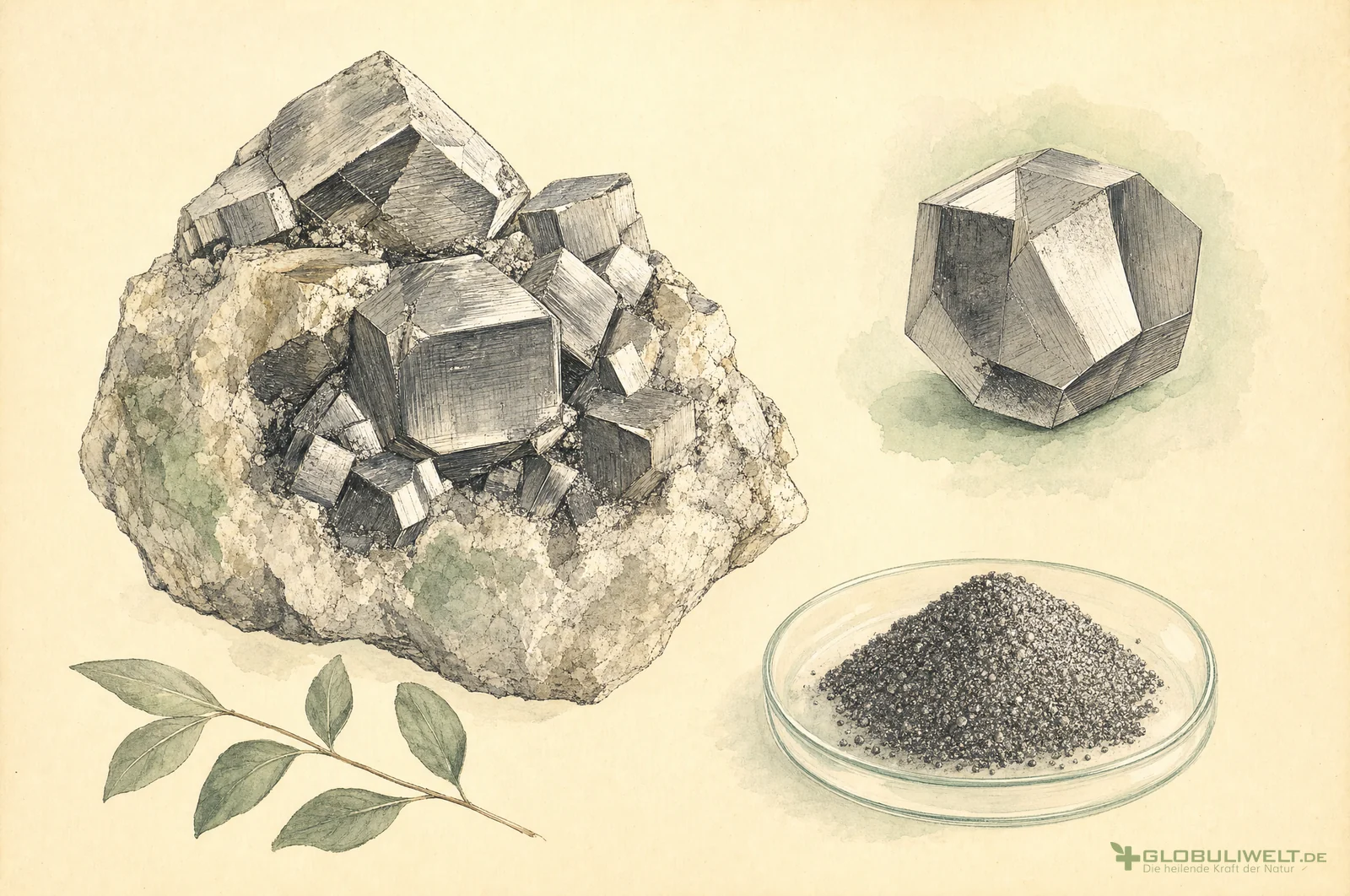 Mineralogische Illustration von Platinum Metallicum (Platin) (Platin) – Ausgangssubstanz der homöopathischen Globuli