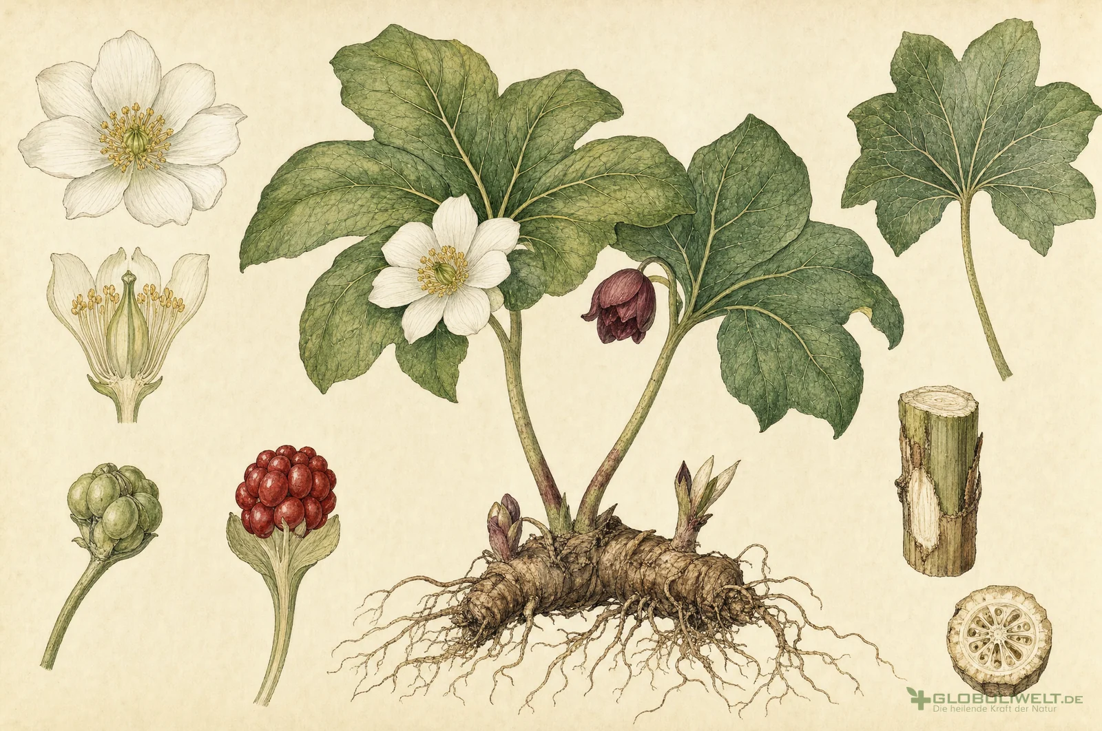 Botanische Illustration von Podophyllum (Maiapfel) (Maiapfel) – Ausgangssubstanz der homöopathischen Globuli