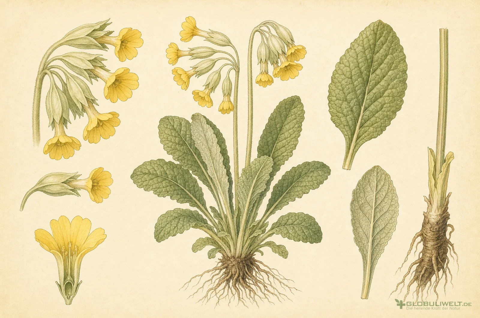 Botanische Illustration von Primula veris (Echte Schlüsselblume) – Ausgangssubstanz der homöopathischen Globuli