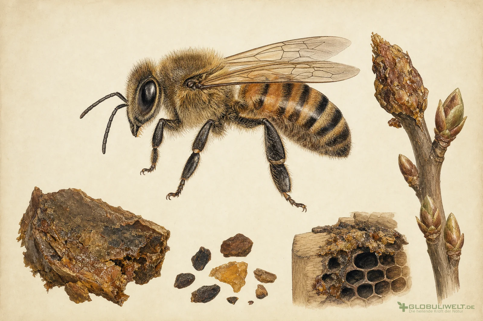 Naturhistorische Illustration von Propolis (Bienenkittharz) – Ausgangssubstanz der homöopathischen Globuli