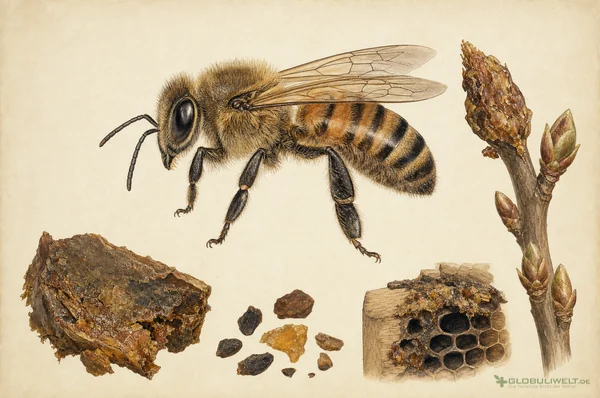 Naturhistorische Illustration von Propolis (Bienenkittharz) – Ausgangssubstanz der homöopathischen Globuli