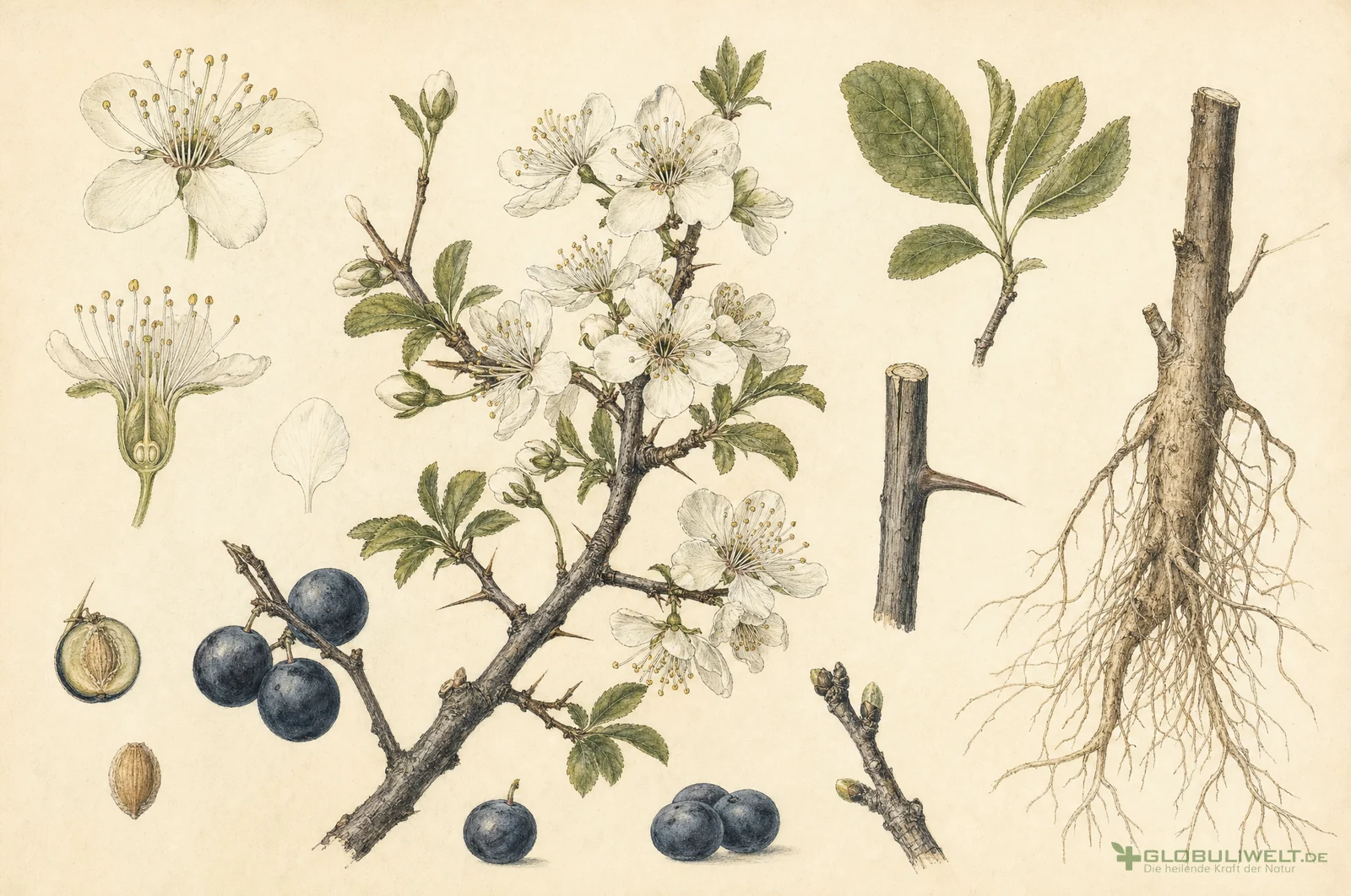 Botanische Illustration von Prunus spinosa (Schlehdorn) – Ausgangssubstanz der homöopathischen Globuli