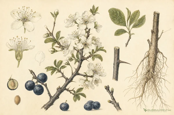 Botanische Illustration von Prunus spinosa (Schlehdorn) – Ausgangssubstanz der homöopathischen Globuli