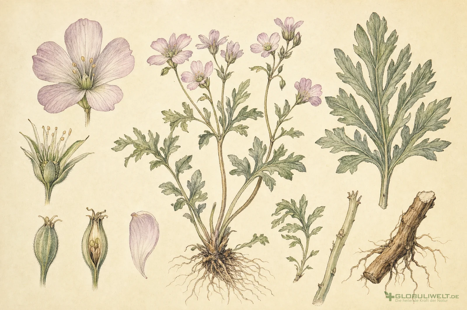 Botanische Illustration von Psorinum (Nosode der Krätze) (Krätze-Nosode) – Ausgangssubstanz der homöopathischen Globuli