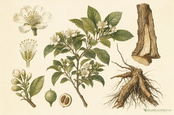 Botanische Illustration von Quillaya Saponaria (Seifenbaum) (Seifenrindenbaum) – Ausgangssubstanz der homöopathischen Globuli