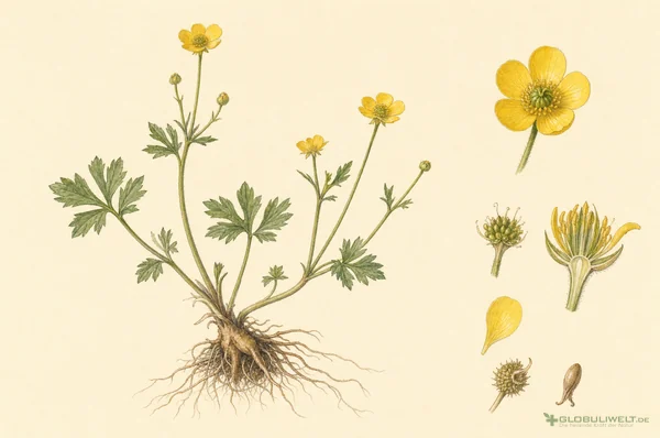 Botanische Illustration von Ranunculus bulbosus (Knolliger Hahnenfuß) – Ausgangssubstanz der homöopathischen Globuli