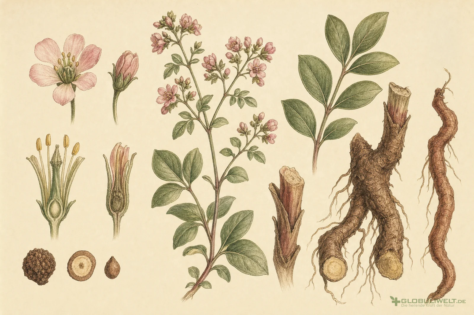 Botanische Illustration von Ratanhia (Ratanhiawurzel) – Ausgangssubstanz der homöopathischen Globuli