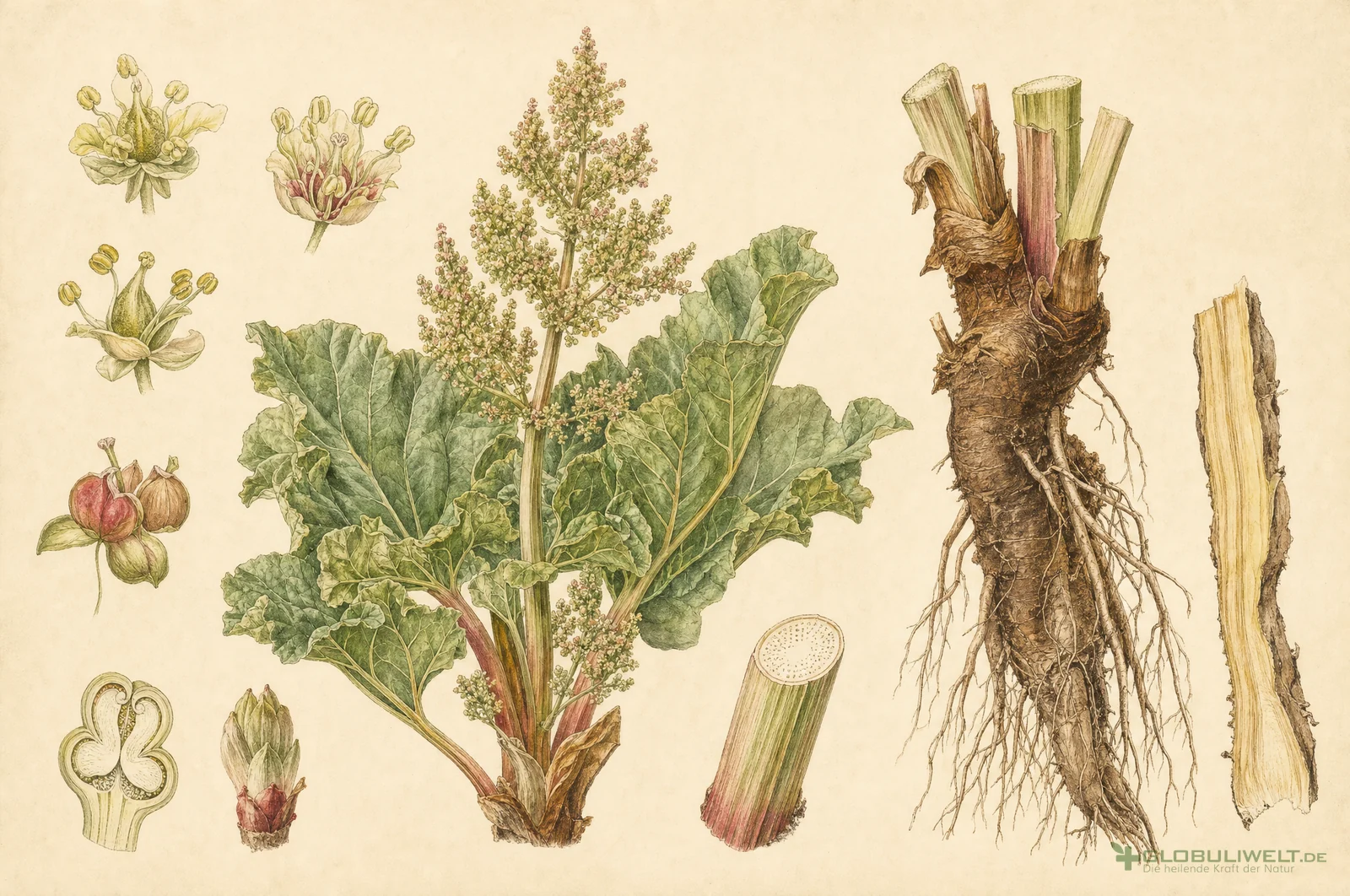 Botanische Illustration von Rheum officinale (Rhabarberwurzel) – Ausgangssubstanz der homöopathischen Globuli