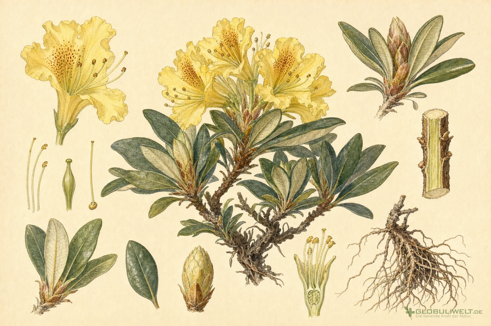 Botanische Illustration von Rhododendron chrysanthum (Goldgelbe Alpenrose) – Ausgangssubstanz der homöopathischen Globuli