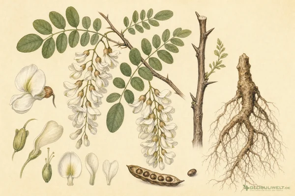 Botanische Illustration von Robinie (falsche Akazie) (Falsche Akazie) – Ausgangssubstanz der homöopathischen Globuli