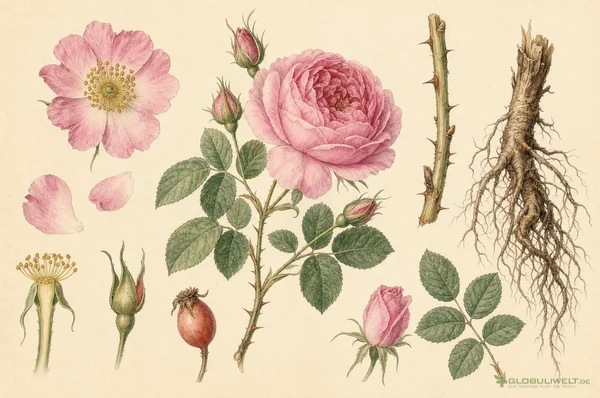 Botanische Illustration von Rosa damascena (Damaszener-Rose) – Ausgangssubstanz der homöopathischen Globuli