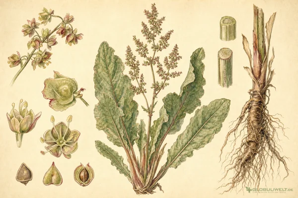 Botanische Illustration von Rumex (krauser Ampfer) (Krauser Ampfer) – Ausgangssubstanz der homöopathischen Globuli