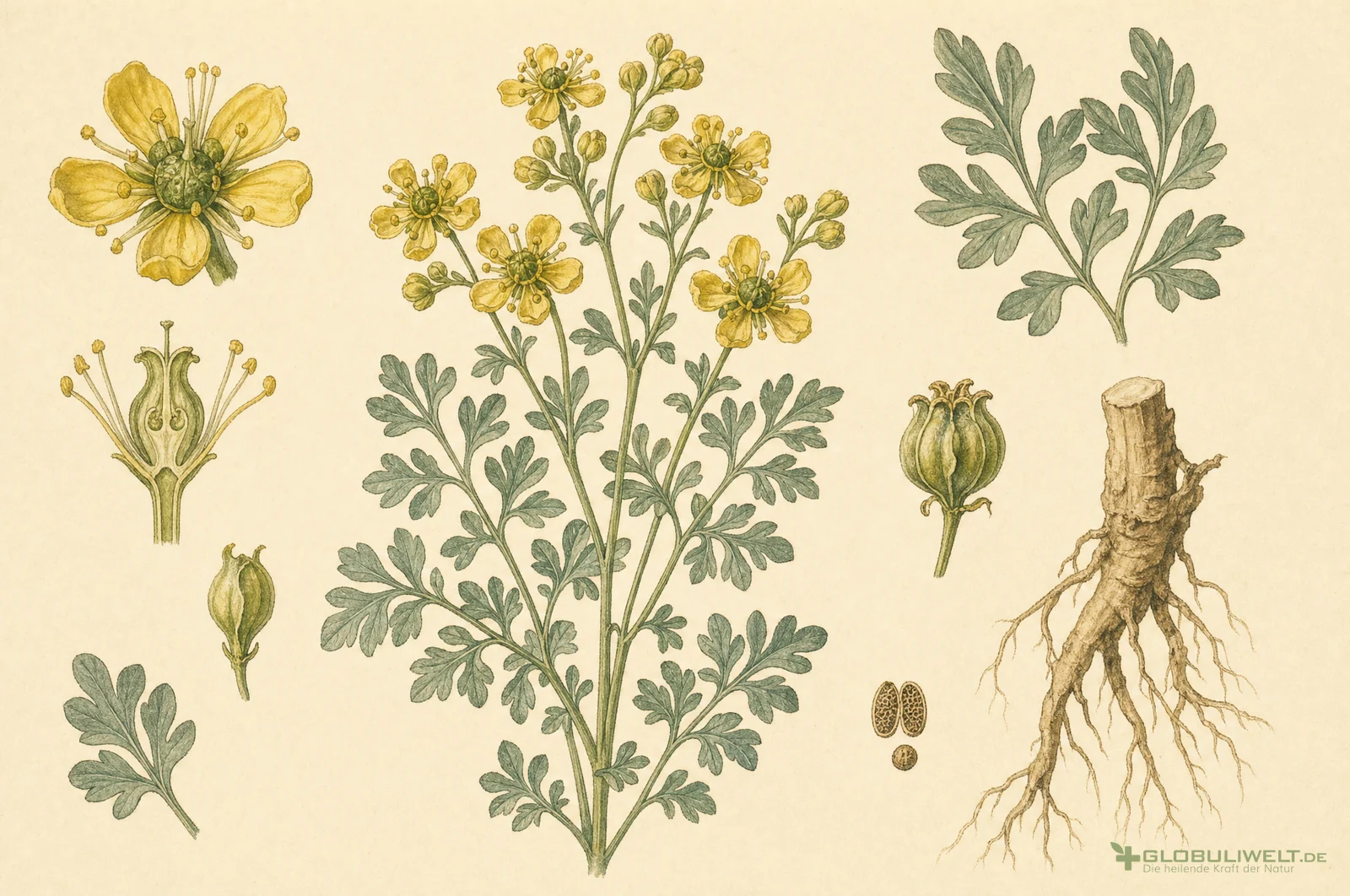 Botanische Illustration von Ruta Graveolens (Weinraute) (Weinraute) – Ausgangssubstanz der homöopathischen Globuli