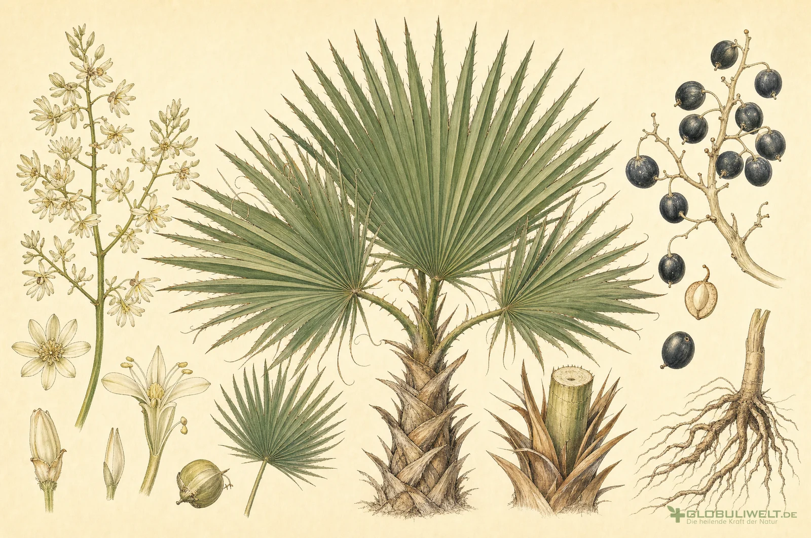 Botanische Illustration von Sabal serrulatum (Sägepalme) – Ausgangssubstanz der homöopathischen Globuli