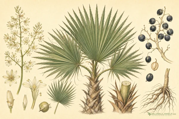 Botanische Illustration von Sabal serrulatum (Sägepalme) – Ausgangssubstanz der homöopathischen Globuli
