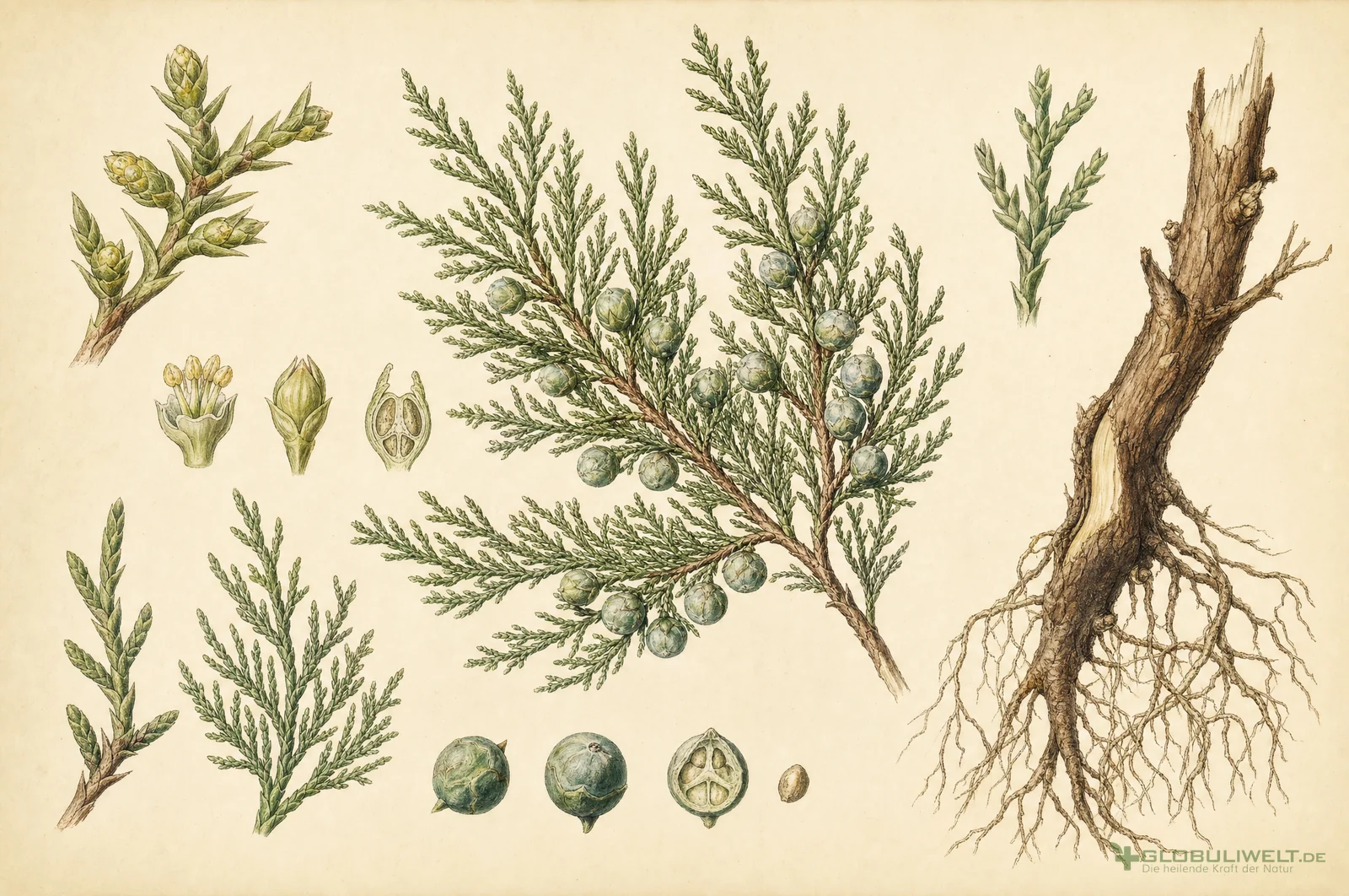 Botanische Illustration von Sabina (Sadebaum) – Ausgangssubstanz der homöopathischen Globuli
