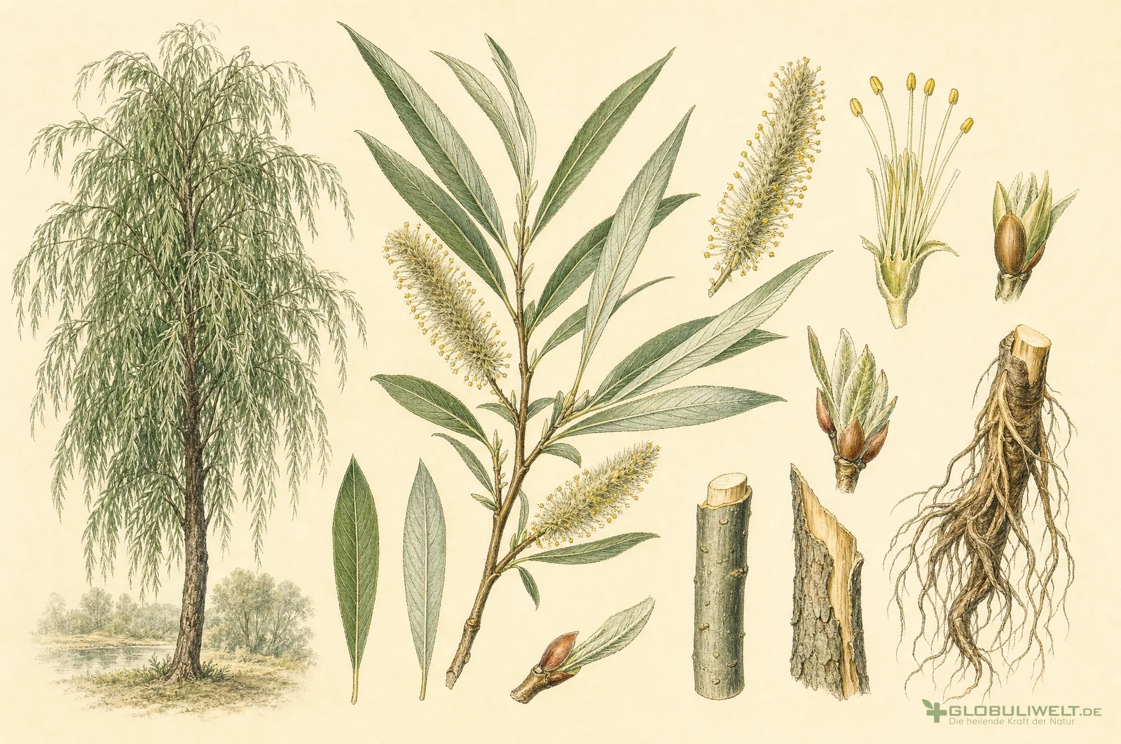 Botanische Illustration von Salix alba (Silberweide) – Ausgangssubstanz der homöopathischen Globuli