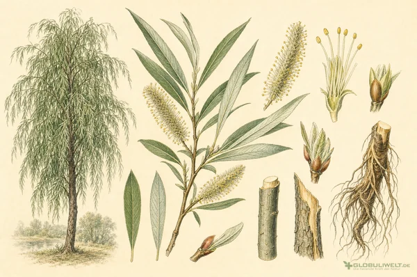 Botanische Illustration von Salix alba (Silberweide) – Ausgangssubstanz der homöopathischen Globuli