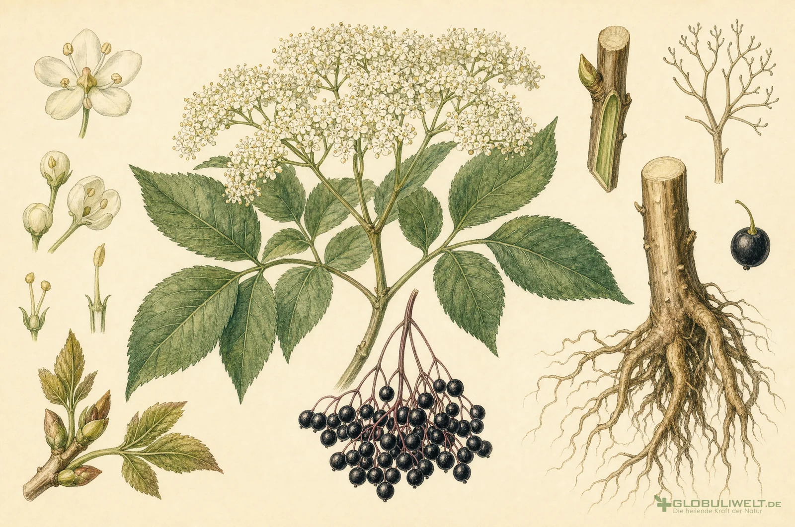 Botanische Illustration von Sambucus nigra (schwarzer Holunder) (Schwarzer Holunder) – Ausgangssubstanz der homöopathischen Globuli