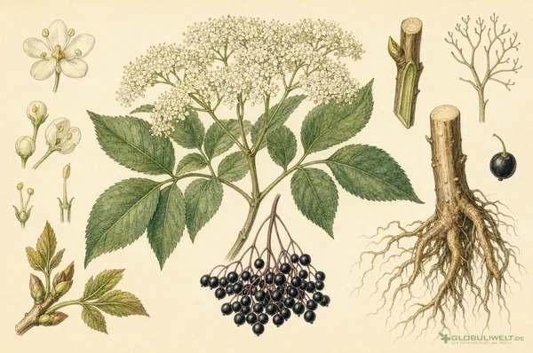 Botanische Illustration von Sambucus nigra (schwarzer Holunder) (Schwarzer Holunder) – Ausgangssubstanz der homöopathischen Globuli