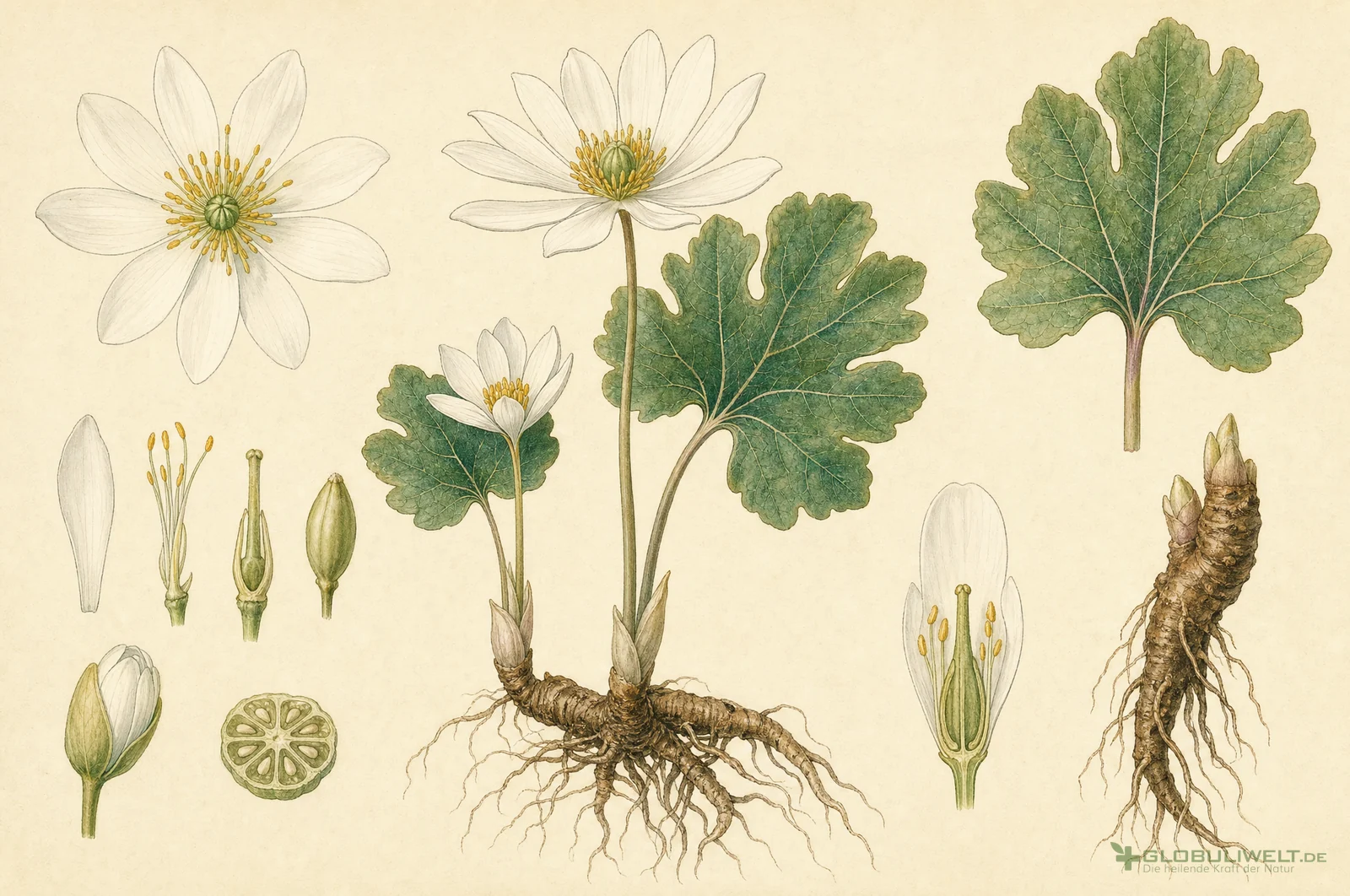 Botanische Illustration von Sanguinaria canadensis (Kanadische Blutwurz) – Ausgangssubstanz der homöopathischen Globuli