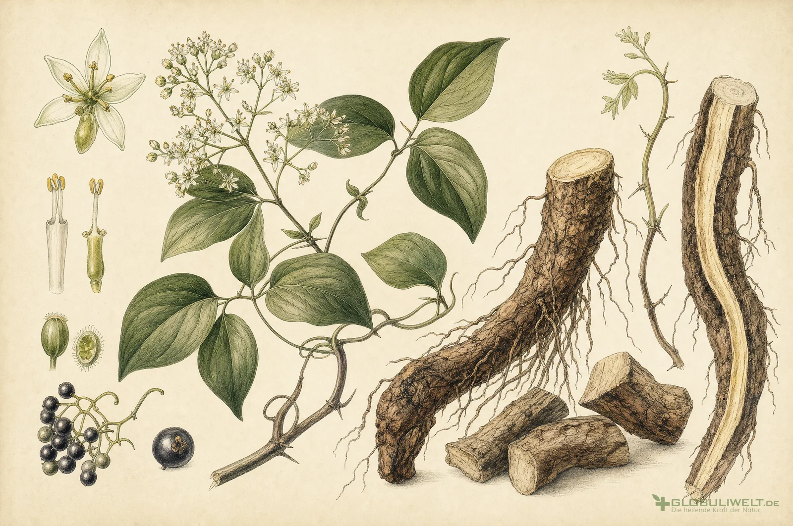 Botanische Illustration von Sarsaparilla (Sarsaparillwurzel) – Ausgangssubstanz der homöopathischen Globuli
