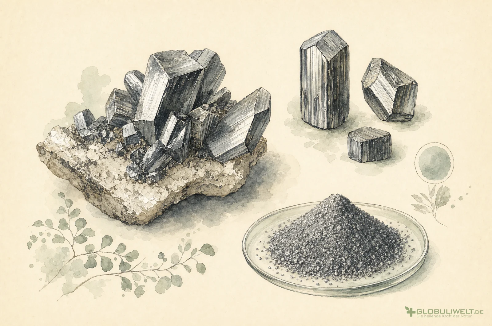 Mineralogische Illustration von Selenium metallicum (Selen) – Ausgangssubstanz der homöopathischen Globuli