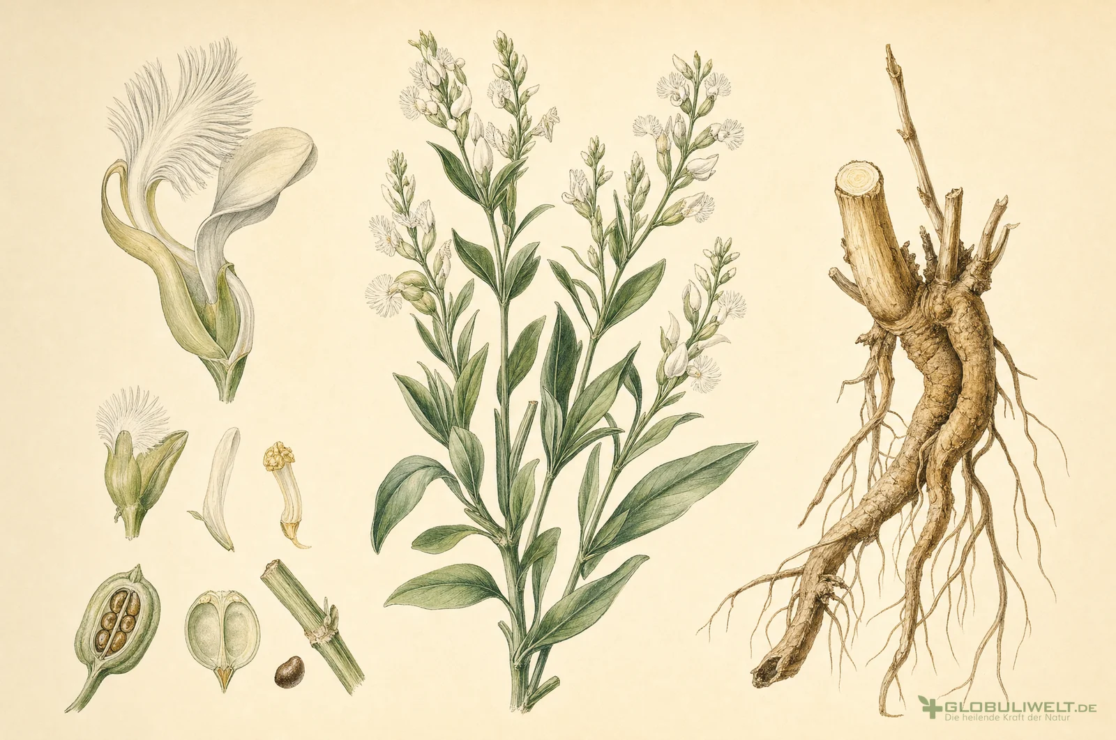 Botanische Illustration von Polygala senega (Senegawurzel) – Ausgangssubstanz der homöopathischen Globuli