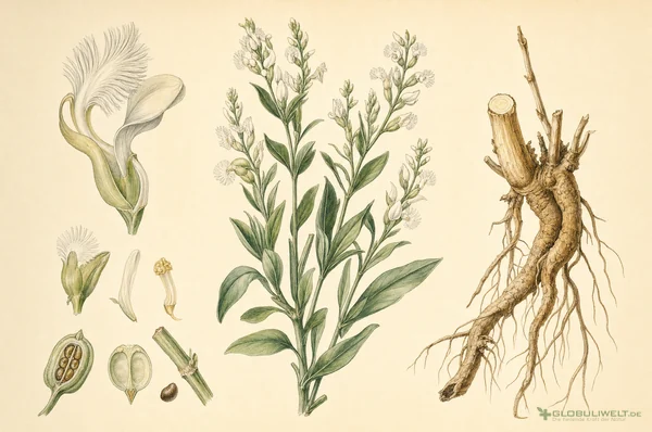 Botanische Illustration von Polygala senega (Senegawurzel) – Ausgangssubstanz der homöopathischen Globuli
