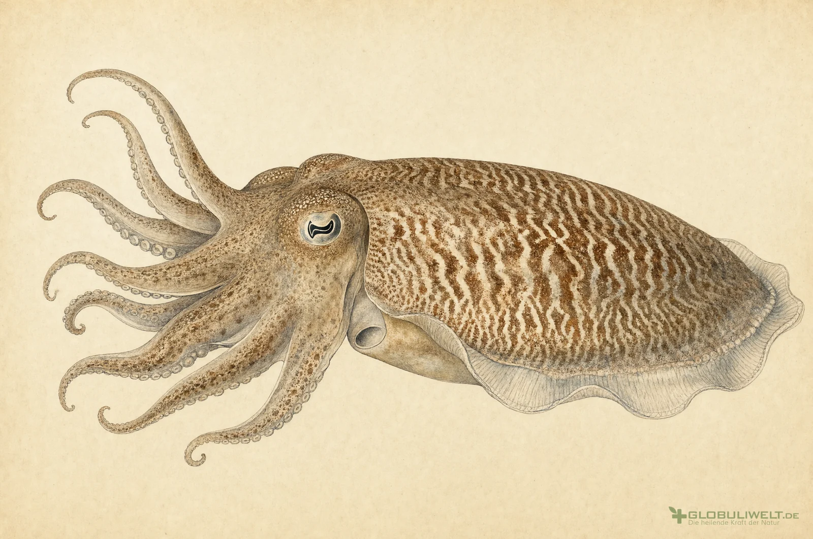 Naturhistorische Illustration von Sepia Officinalis (der gemeine Tintenfisch) (Gewöhnlicher Tintenfisch) – Ausgangssubstanz der homöopathischen Globuli