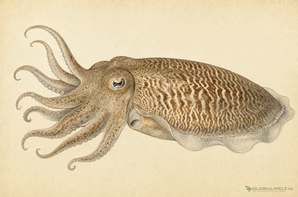 Naturhistorische Illustration von Sepia Officinalis (der gemeine Tintenfisch) (Gewöhnlicher Tintenfisch) – Ausgangssubstanz der homöopathischen Globuli
