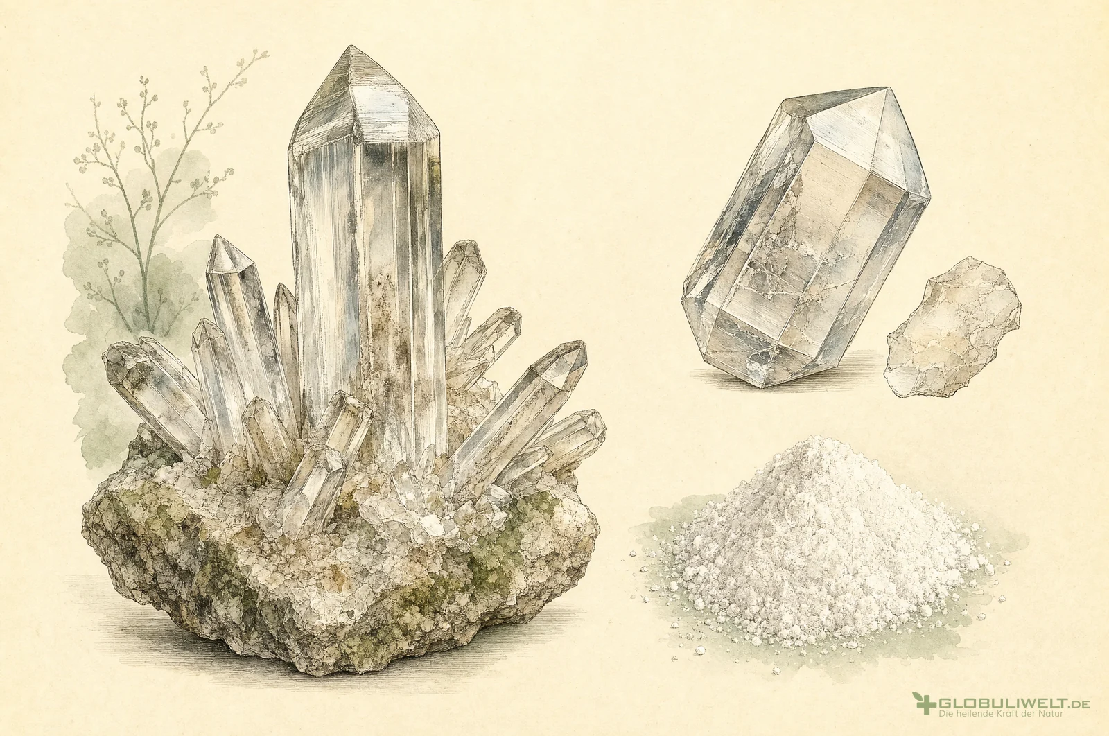 Mineralogische Illustration von Silicea (Kieselerde) – Ausgangssubstanz der homöopathischen Globuli