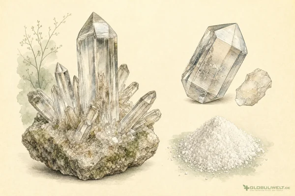 Mineralogische Illustration von Silicea (Kieselerde) – Ausgangssubstanz der homöopathischen Globuli