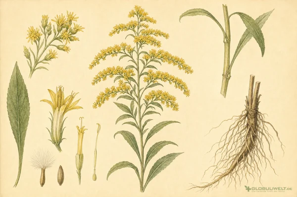 Botanische Illustration von Solidago virgaurea (Echte Goldrute) – Ausgangssubstanz der homöopathischen Globuli