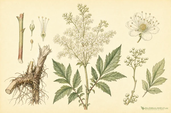 Botanische Illustration von Spiraea ulmaria (Echtes Mädesüß) – Ausgangssubstanz der homöopathischen Globuli