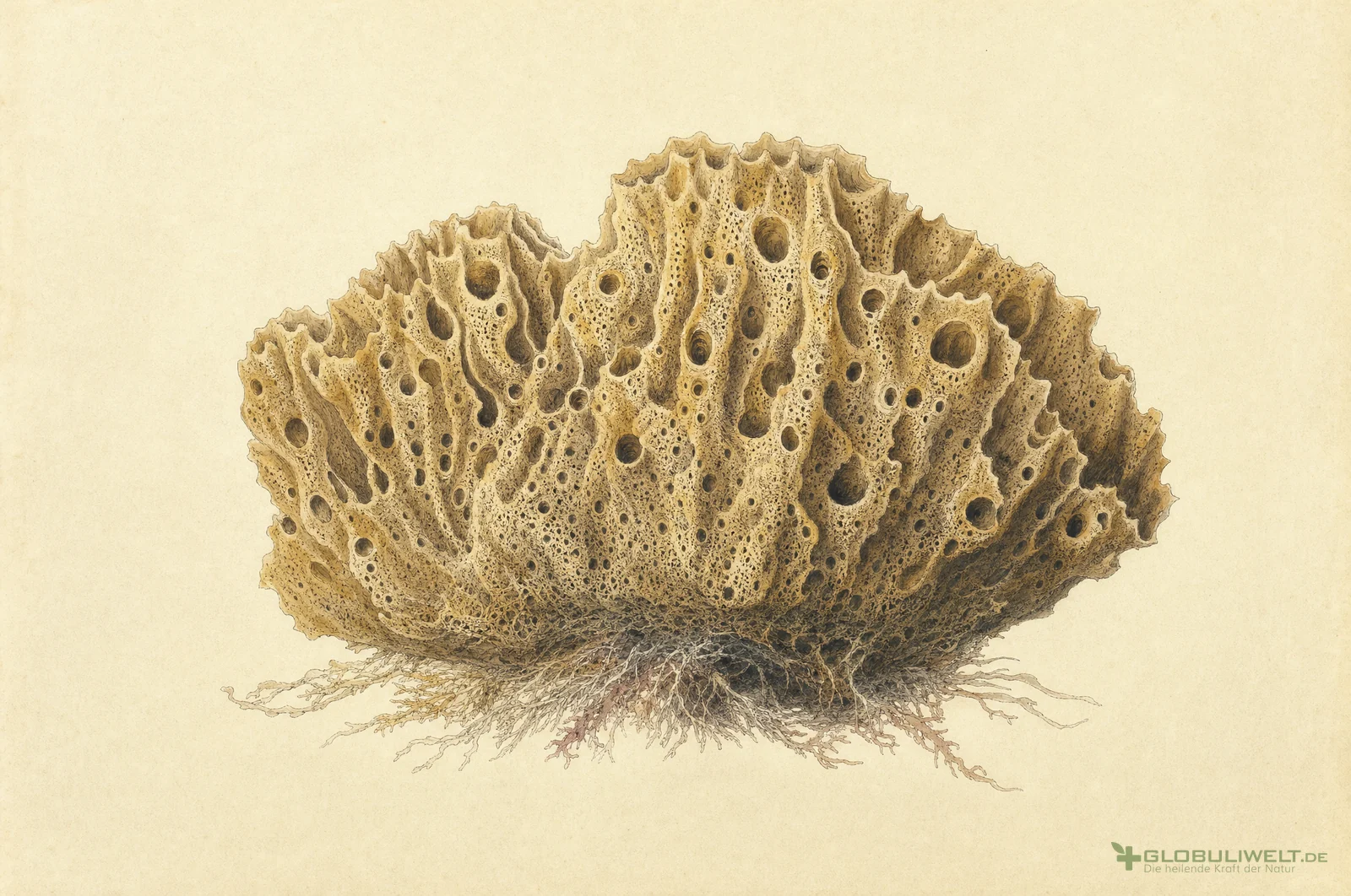 Naturhistorische Illustration von Spongia (Meerschwamm) (Meerschwamm) – Ausgangssubstanz der homöopathischen Globuli