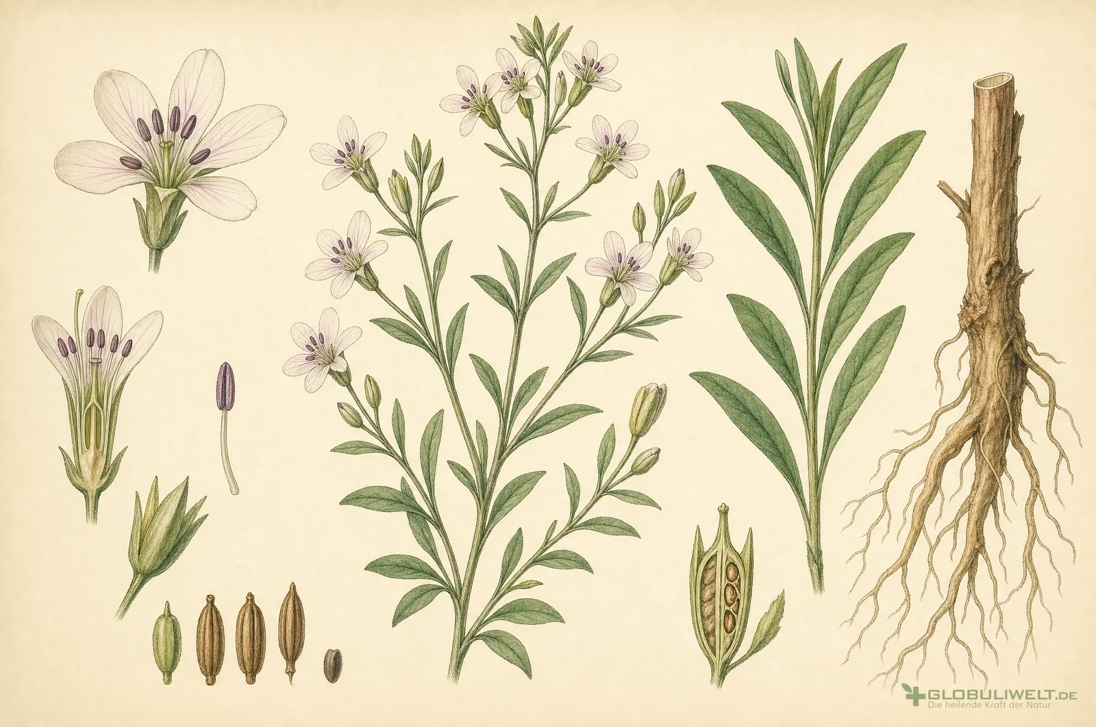 Botanische Illustration von Staphisagria (Stephanskraut) – Ausgangssubstanz der homöopathischen Globuli