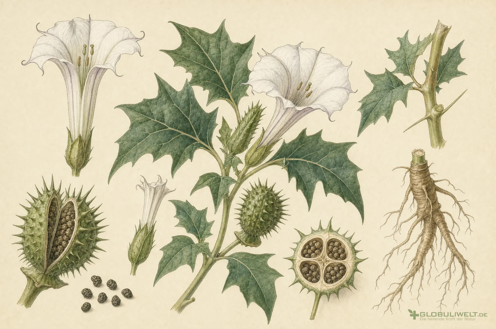 Botanische Illustration von Stramonium (Stechapfel) – Ausgangssubstanz der homöopathischen Globuli